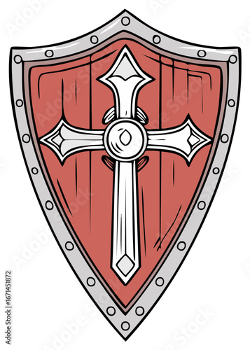Cartoon illustration of a medieval red wooden shield with an ornate silver cross emblem