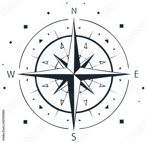 Stylized nautical compass rose featuring north south east west directions and star points in a minimalist outline