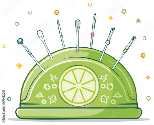 Illustrated lime-themed pincushion with assorted sewing pins and needles for crafting and needlework.