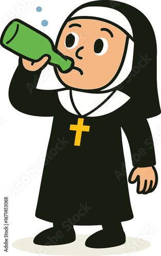 Cartoon nun character drinking from green bottle, funny religious illustration, humor concept, catholic sister in habit, unique vector artwork, creative.