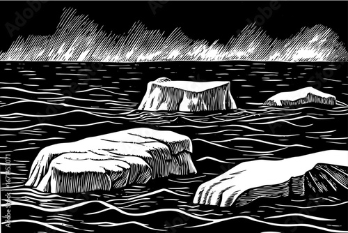 Sunrise above frozen arctic ocean, icy reflections sparkling beneath sky, unique landscape beauty, black and white sketch.