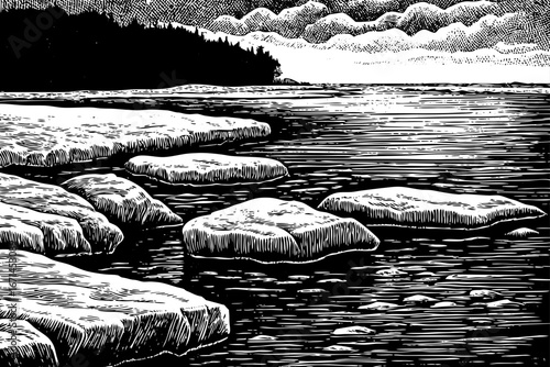 Sunrise above frozen arctic ocean, icy reflections sparkling beneath sky, unique landscape beauty, black and white sketch.