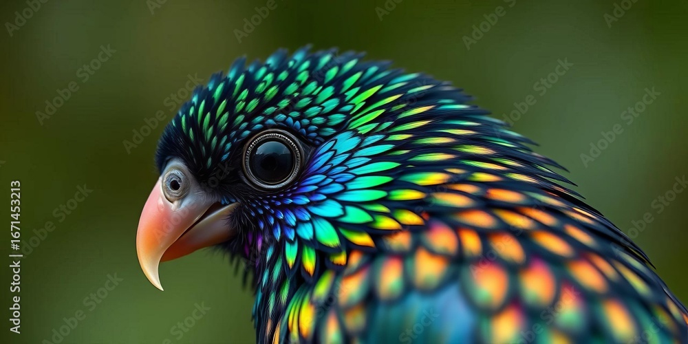 Obraz premium Intricate iridescent plumage of a greater lophorina, sharp focus on feathers, blurred background, feather, shiny