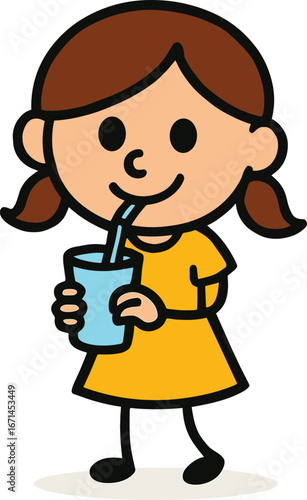 Cartoon illustration of cute little girl drinking water with straw, happy child character in yellow dress, healthy lifestyle, hydration concept design.