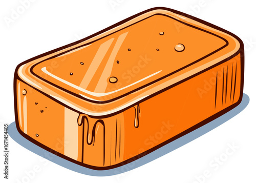 Vector illustration of a wet orange glycerin soap bar with water drops and drips