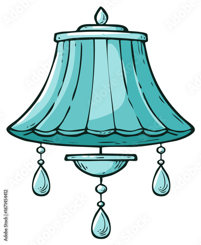 Turquoise cartoon lamp illustration with a decorative shade and hanging crystal pendants
