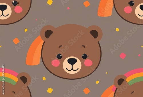 Adorable bear face and rainbow seamless pattern in flat boho style Perfect for kids' projects,  print,  kawaii