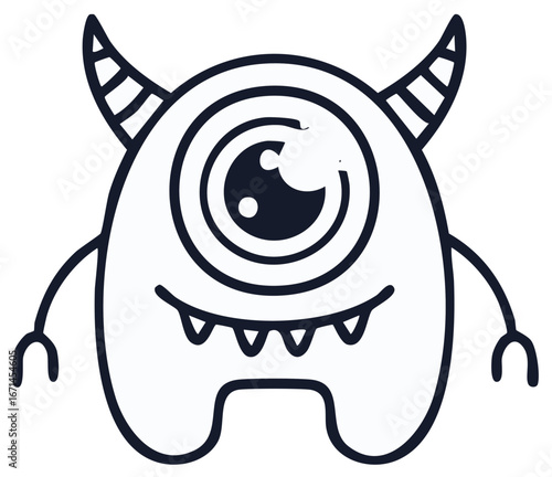 Simple line art of a cute one-eyed monster with horns and a happy smile