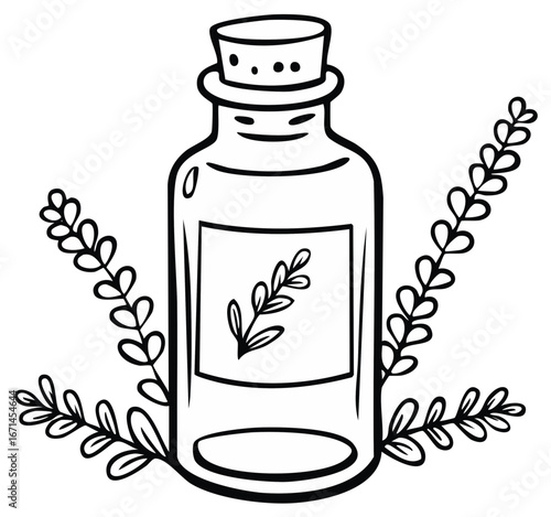 Apothecary Bottle with Cork Stopper and Botanical Leaves Line Art