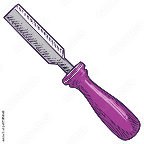 Close up illustration of a wood chisel with a purple handle and a steel blade isolated.