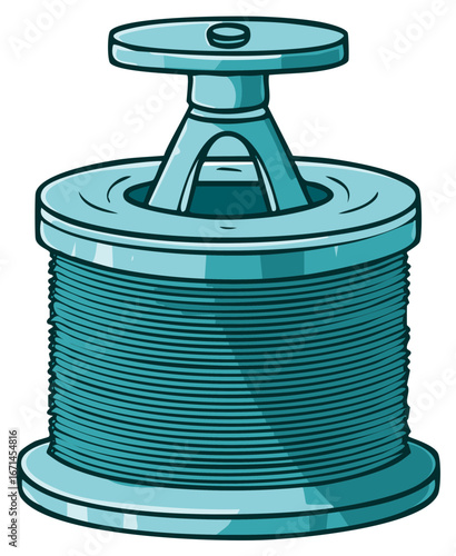 Blue fishing reel with line wound tightly, vector illustration