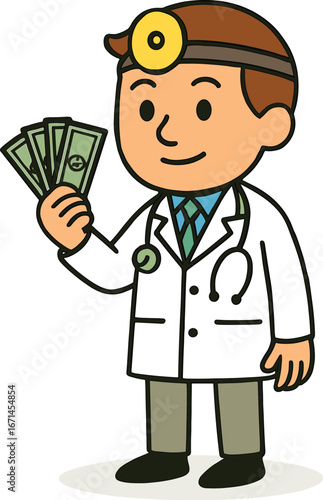 Cartoon doctor holding money, medical professional with cash, healthcare business, hospital finance, medicine cost, doctor salary, cartoon illustration, profit concept.
