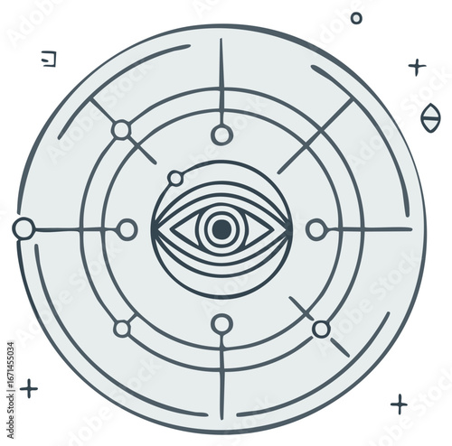 Abstract circular diagram with an all-seeing eye motif and interconnected nodes