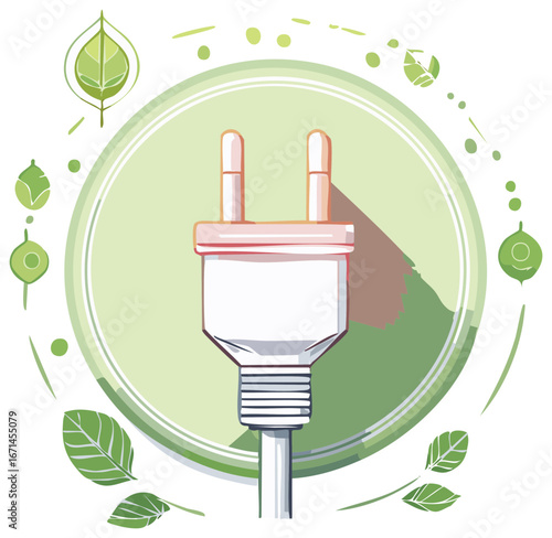 Eco-friendly power plug concept with green leaves and circular design