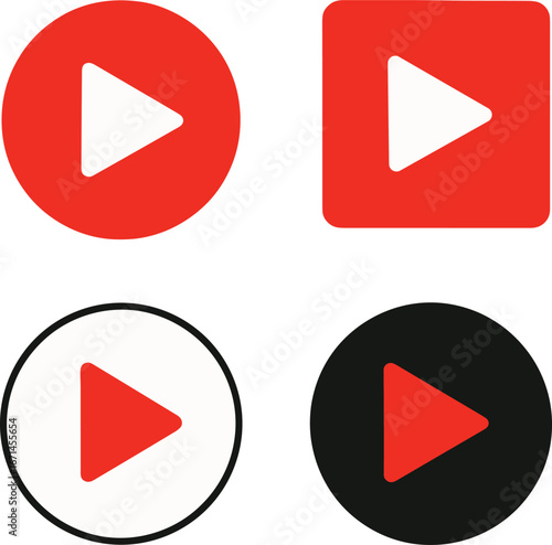 Red play button icons, multimedia symbols in circle and square shapes, video player interface design, media control vector illustration set.