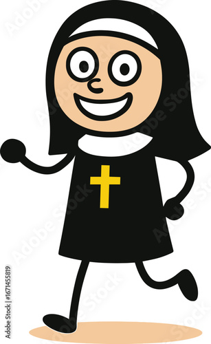 Cartoon nun character running happily, smiling woman in religious dress with cross, Christian sister illustration, joyful faith concept, vector design.