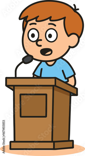 Cartoon boy speaking at podium with microphone, public speech presentation, student addressing audience, communication, debate, education, vector illustration design.