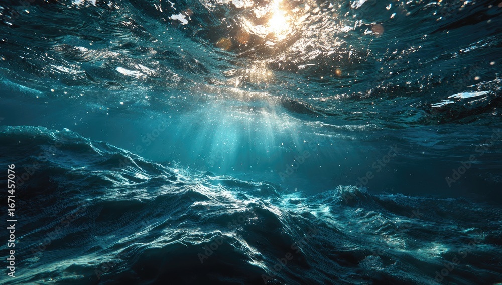 Obraz premium Sunlight streams through the deep ocean. Underwater view of dark blue waves and sunlight