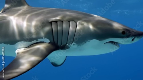 Wallpaper Mural Majestic great white shark glides through clear blue ocean water with sunlit ripples Torontodigital.ca