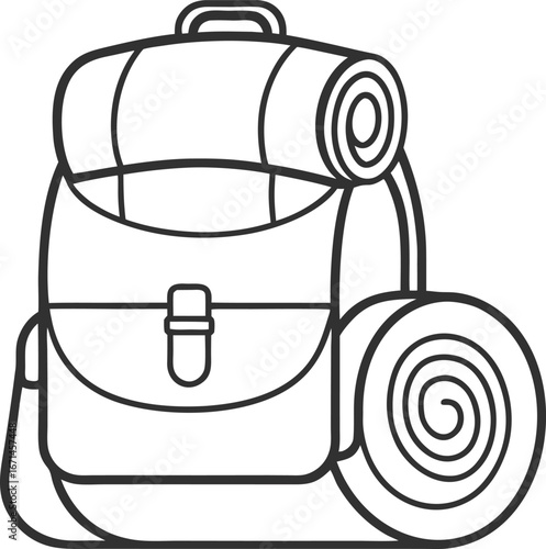 Line Art of Backpack with Rolled Sleeping Mat