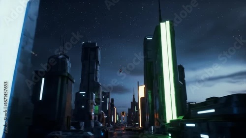 Flying Vehicles Navigate Futuristic Cityscape at Night