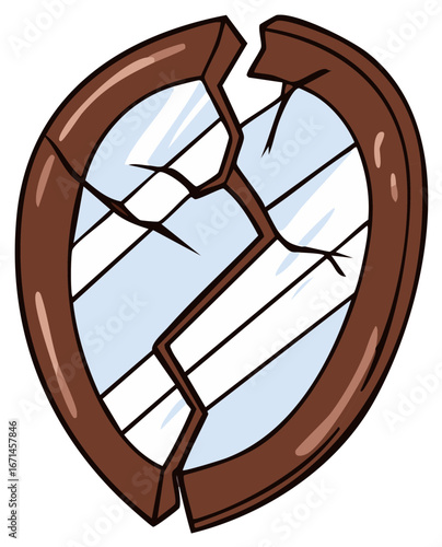 Vibrant cartoon illustration of a broken oval mirror with shattered glass and a brown frame concept