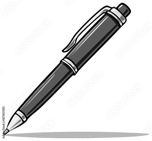 Illustration of a Black Ballpoint Pen with Silver Accents and a Clip