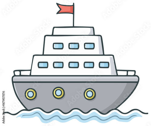 Cartoon cruise ship sailing on water with a red flag. Marine transportation.