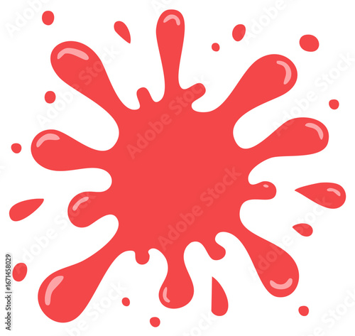 Bright vibrant red liquid paint splash splatter graphic design element or abstract stain shape