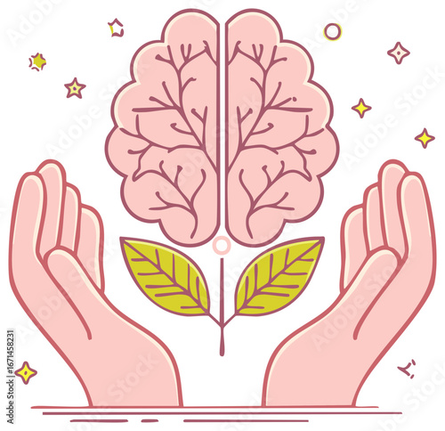 Hands holding a growing brain tree, symbolizing mental health and growth