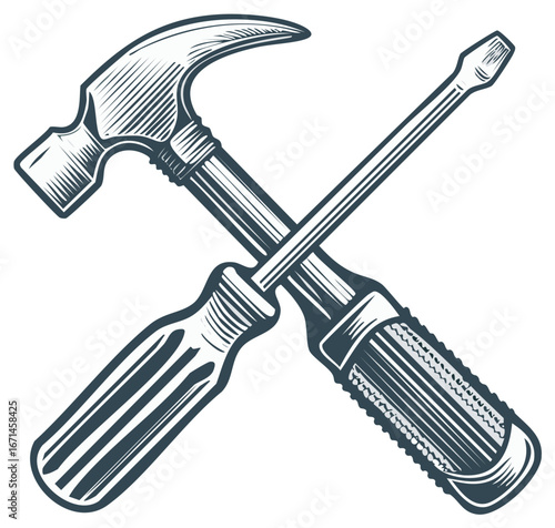 Crossed hammer and screwdriver tools in a vintage engraved woodcut style
