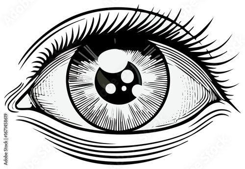 Detailed Line Art Illustration of a Human Eye with Eyelashes, Pupil, and Iris
