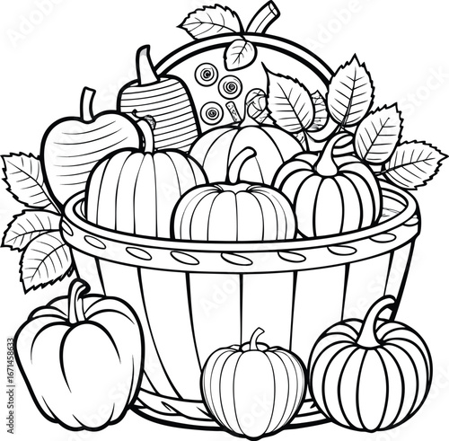 Line Art of Basket with Pumpkins and Apples