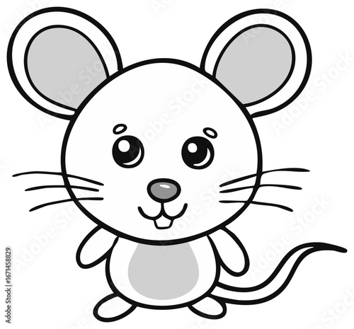 Cartoon Illustration of a Cute Baby Mouse with Big Ears and a Long Tail in Black and White