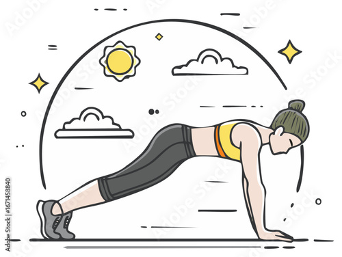 Woman in plank pose exercising in outdoor graphic scene with sun and clouds