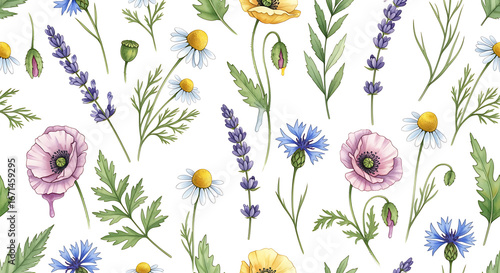 Watercolor pattern with poppies lavender cornflowers and daisies art