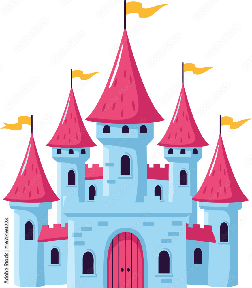 Fototapeta premium Whimsical light blue fairytale castle with bright pink turrets and yellow flags a magical fantasy kingdom structure isolated on transparent background