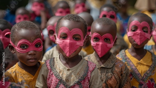 Children wearing pink heart-shaped masks and superhero-style masks, showcasing a group portrait in a community setting.