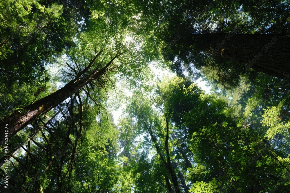 Fototapeta premium Lush forest canopy, sunlight filtering through