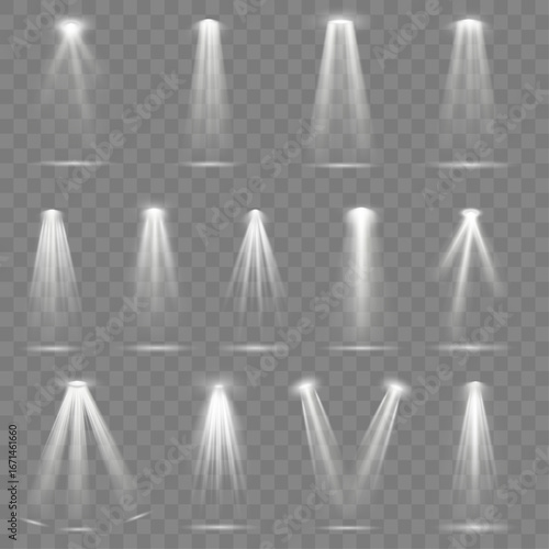Realistic stage spotlight with soft glowing beam on transparent background. Perfect for concert scenes, theatrical performances, and event designs. Vector light effect.