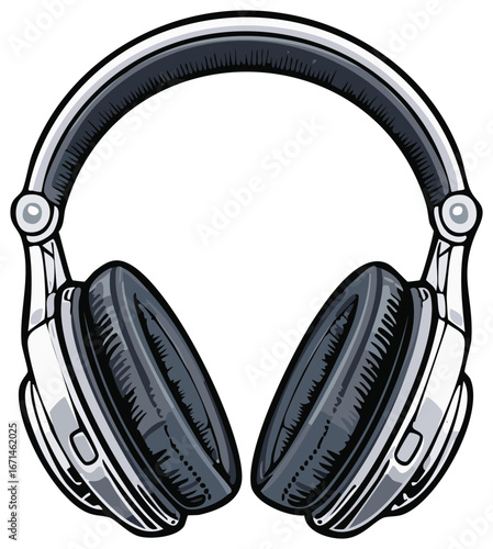 Cartoon style over ear headphones illustration in grayscale for audio and music listening