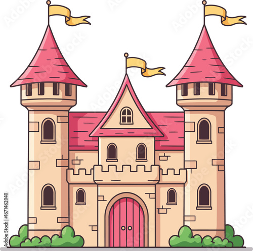 Whimsical hand drawn fairy tale castle with pink towers and flags isolated on transparent background