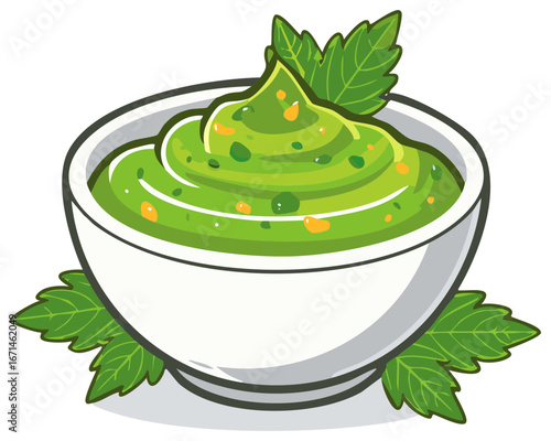 Delicious green mint sauce served in a white bowl with fresh mint leaves garnish