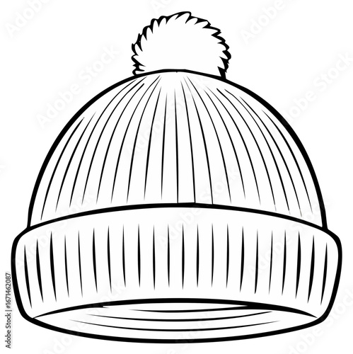 Linear drawing of knit winter beanie hat with pompom on top for coloring pages