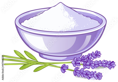 Bowl of white granular substance with lavender sprigs and purple bowl