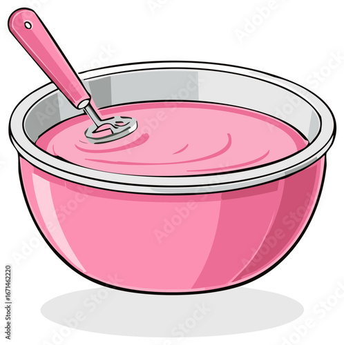 Pink mixing bowl with sweet batter and whisk cartoon vector illustration for baking or cooking