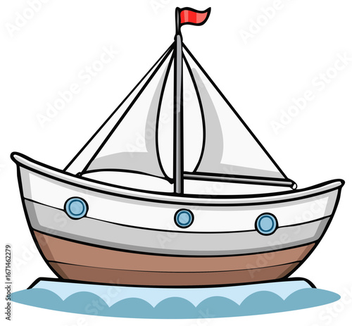 Cartoon sailboat with white sails and a red flag floating on blue waves vector