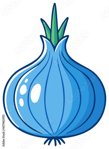 Cartoon illustration of a blue onion with green sprouts vegetable art