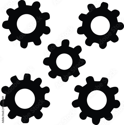 Five black gear cogs arranged in a pattern for mechanical or industrial concept designs