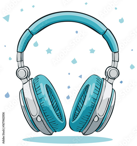 Headphones listening entertainment cartoon illustration audio music technology gadget trendy headphones design
